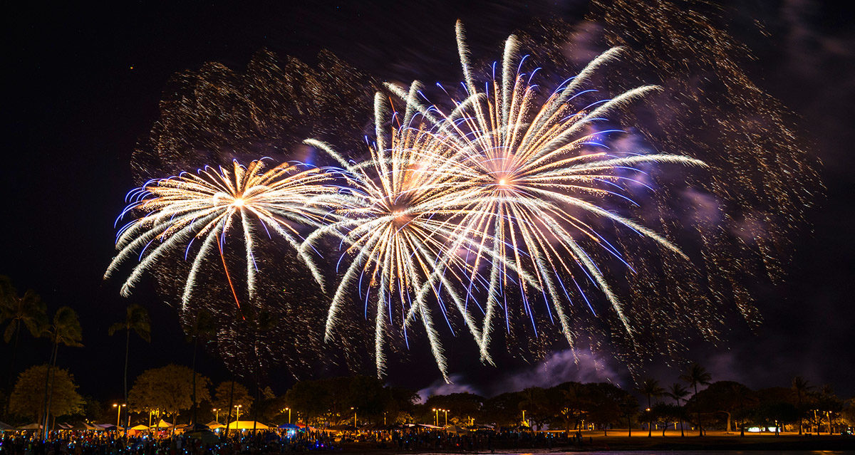 Fireworks in the night sky over Honolulu, Hawaii